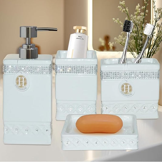 Bathroom Accessories Set 4 Pcs-Ceramic Gift Set Soap Dispenser Pump & Toothbrush Holder & Tumbler Cup & Soap Dish - Bathroom Home Decor Clearance, Countertop Vanity Organize (15 Ounce)