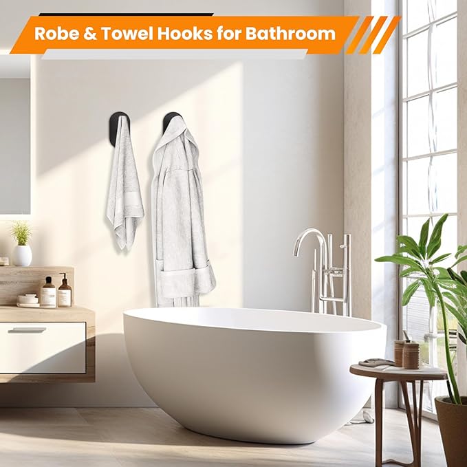 Aikzik Black Adhesive Hooks Heavy Duty-Max 26lb, Wall Hooks for Shower, Bathroom, Towel, Coat, Robe, Stainless Steel Hooks for Hanging, Sticky Hooks for Walls No Damage- 4 Pack