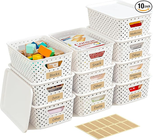 10 Pack Small Plastic Storage Bins with Lids, Stackable Plastic Storage Baskets for Organizing with Handles, Organizer Bins with Labels for Room, Craft, Containers for Pantry Organizers and Storage