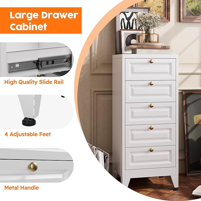 Aobabo Metal Bathroom Storage Cabinet with 5 Drawers, Steel Narrow Cabinet Organizer, Freestanding Floor Storage for Bathroom, Entryway and Living Room, Assembly Required