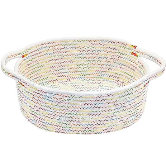 ABenkle Small Woven Basket, 12"x 8" x 5" Cute Small Basket, Rope Room Shelf Storage Basket, Cat Dog Toys Basket Chest Box, Empty Decorative Gift Basket with Handles - Colorful Thread