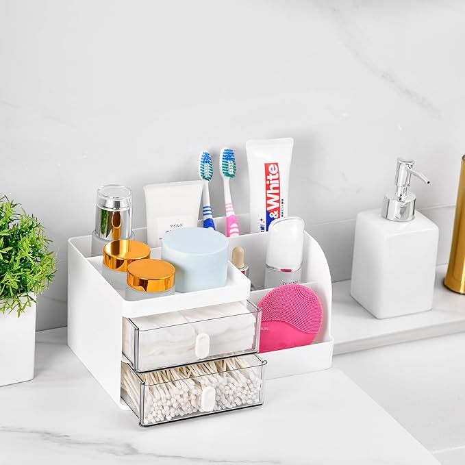 VITVITI Toothbrush Holders for Bathrooms Countertop, 6 Slots Toothpaste Bathroom Counter Sink Organizer with Drawers, Plastic Bathroom Organizer for Vanity/Makeup/Office White