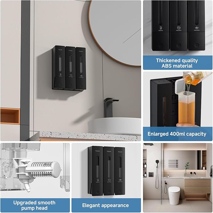 1984 Shower Soap Dispenser Bathroom Set Shampoo Conditioner Body Wash Dispenser Wall Mounted Shower Shampoo Dispenser 3 Chamber No Drill for Home Star Hotel 3 x 400ml Black