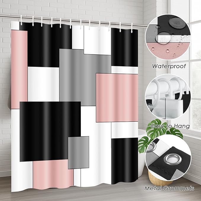 Pink Geometric Shower Curtain Set with Toilet Lid Cover and Non-Slip Rugs for Bathroom, Grey Black White Checkered 4 Pcs Shower Curtain, Abstract Modern Bathroom Set with 12 Hooks