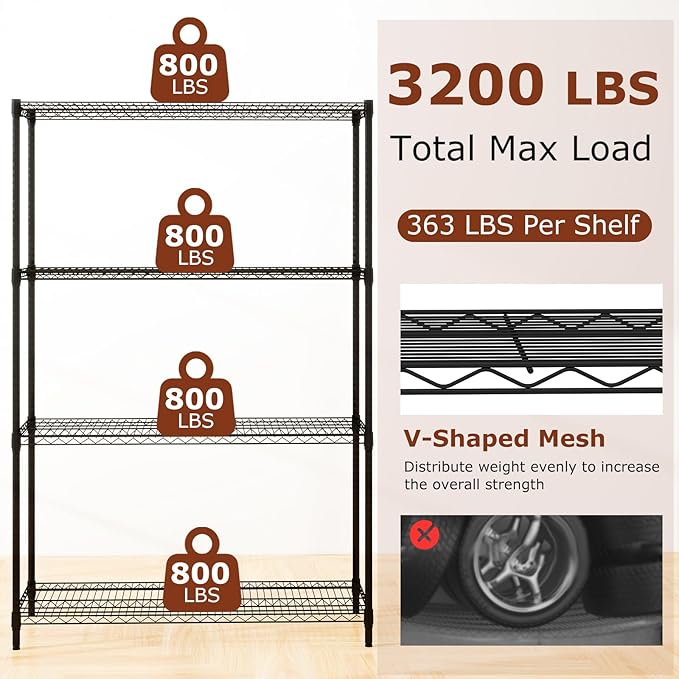 GOFLAME 4-Tier Metal Storage Shelving Unit, Heavy-Duty Adjustable Utility Shelf with V-Shaped Wire Rack, 3200 LBS Storage Organizer for Home, Kitchen, Garage, Basement, 48”L x 18”W x 72.5”H