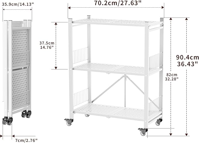 Folding Storage Shelves No Assembly, 3 Tier Foldable Shelves with Wheels, Collapsible Rolling Storage Rack for Pantry Laundry Room Small Spaces, White