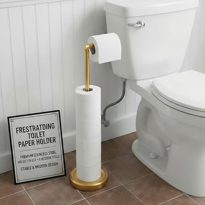 Songtec Gold Toilet Paper Holder Stand, Rust-Proof & Heavy Stainless Steel Base, Sturdy Free Standing for 5 Toilet Paper Rolls Max (Gold)