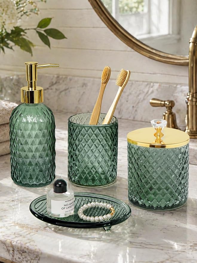 Bathroom Accessories Set, 4Pcs Sage Green Glass Bathroom Accessory Set Complete w/Lotion Soap Dispenser, Toothbrush Holder, Qtip Holder, Soap Dish, Gold Bathroom Decor Sets, Gift for Home Apartment