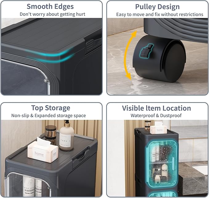 3-Tiers Slim Bathroom Storage Cabinet, Foldable Storage Cabinets,Narrow Bathroom Storage,Movable Bathroom Storage Organizer for Small Spaces,Bathroom,Kitchen,Laundry, Black