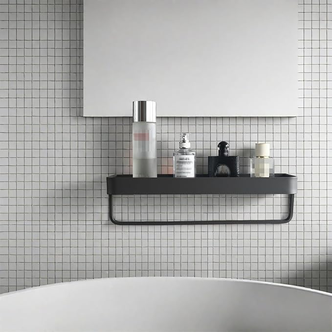 Bathroom Shelf with Towel Bar，Wall-Mounted Shower Storage Rack, 15.75 -Inch Suitable for bathrooms, Kitchens and Toilets，No Drill Bathroom Shelf