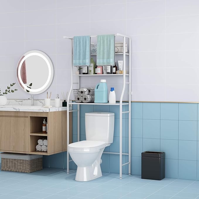 UDEAR 3-Tier Over The Toilet Rack,Bathroom Shelf Space Saver,Corner Stand Storage Organizer Accessories,The Washing Machine,with Hanging Rod,Tower Shelf,White