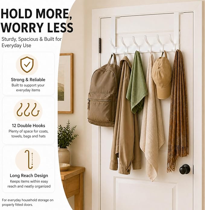 Peasulin Over The Door Hooks, Door Hanger with 12 Coat Hooks, 7.4" Extended Arm Over Door Towel Rack, Aluminum Alloy Rust-Proof, No Drilling, for Bathroom Bedroom Closet Entryway (White)