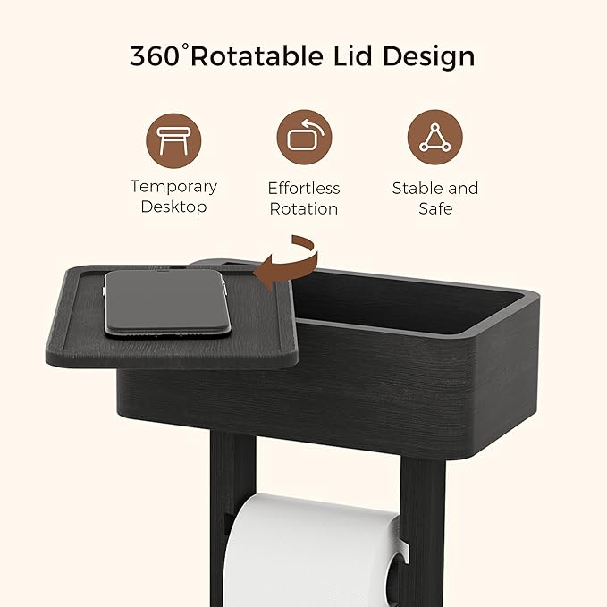 Wealone 4-in-1 Black Toilet Paper Holder Stand with Storage Shelf Box, 360° Rotating Bamboo Free Standing Toilet Tissue Roll, Toilet Wipes Dispenser Organizer, Temporary Desktop for Bathroom (Patent)