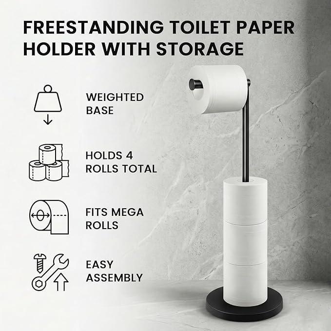 Cesun Extra Weighted Base Toilet Paper Holder Stand - SUS304 Rust Proof Free Standing Tissue Roll Holder for 4 Rolls, No Tipping, No Slipping, Matte Black