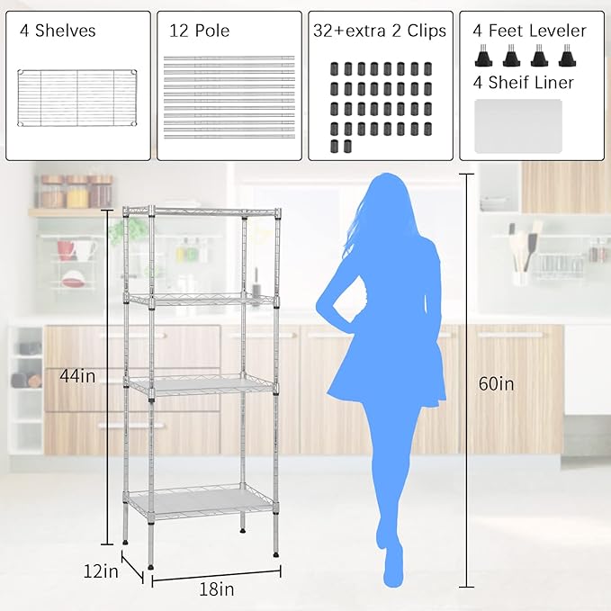 Wire Shelving Unit with PP Liners, 4 Tier Metal Storage Shelves for Laundry Room Organization, Closet Shelf Organizer, Kitchen Rack, Garage Storage, Chrome, 18" x 12" x 44" ﻿