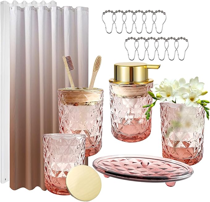 Brown Glass Bathroom Accessories Set with Shower Curtain and Liner, 7-Piece Bathroom Decor Set, Soap Dispenser, Toothbrush Holder, Soap Dish, Vanity Tray, Complete Bathroom Makeover Set