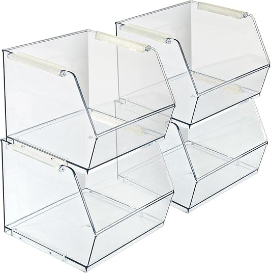 Azar Displays 556710-4PK Small Clear Stackable Bin Compact Transparent Organizer for Pantry Drawer Bathroom and Desk BPA-Free Plastic (Pack of 4)