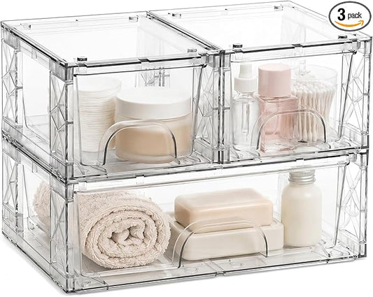 Stackable Storage Drawers 3 Pack Bathroom Undersink Organizers Simply Assembled Plastic Bins, Containers for Cosmetics, Bathroom, Kitchen, Cabinets, Snack