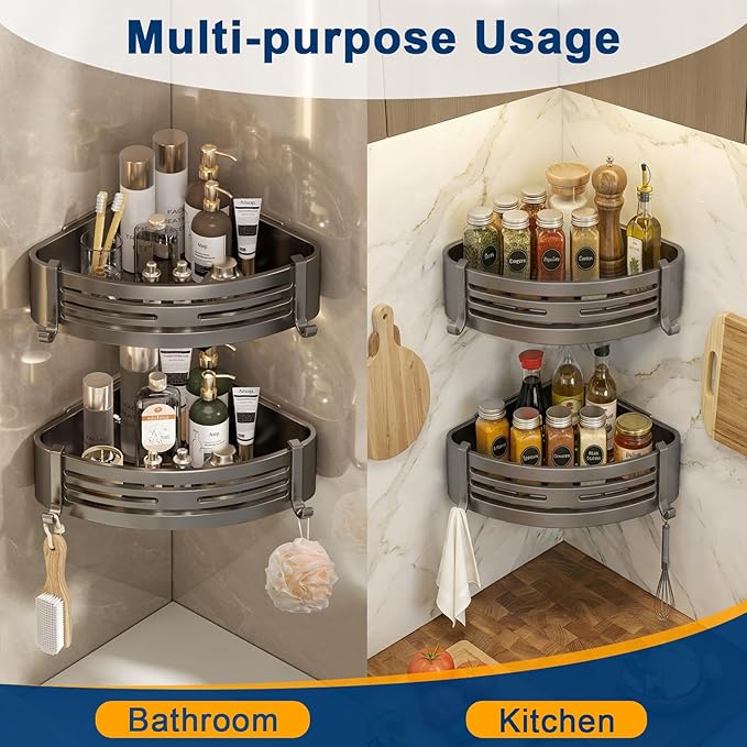 Corner Shower Caddy, No-Drilling Adhesive Shower Shelves with Hooks, Waterproof & Rustproof Removable Shower Organizer for Bathroom Kitchen