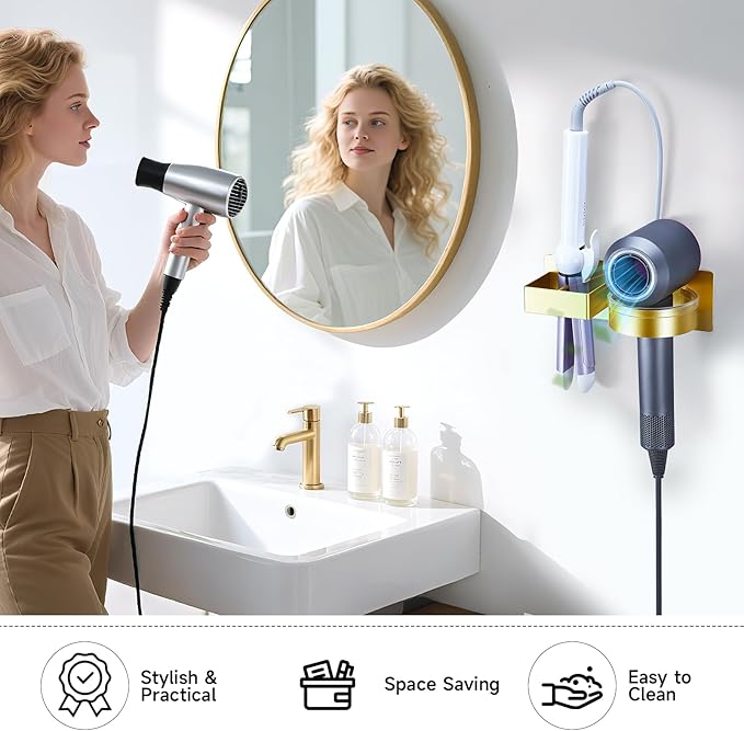 Hair Dryer Holder Wall Mounted, Hair Straightener Holder, Blow Dryer Holder Adhesive, Hair Tool Organizer for Flat Iron, Hairdryer, Curling Iron Holder for Bathroom Vanity Barber Shop (Gold)
