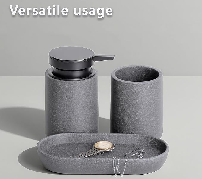 Clasin Home 3 Pcs Bathroom Accessories Set, Liquid Soap Dispenser with Large Pump, Toothbrush Holder Cup and Soap Dish, Sandstone Texture Bathroom Counter Set for Modern Home (Gray)