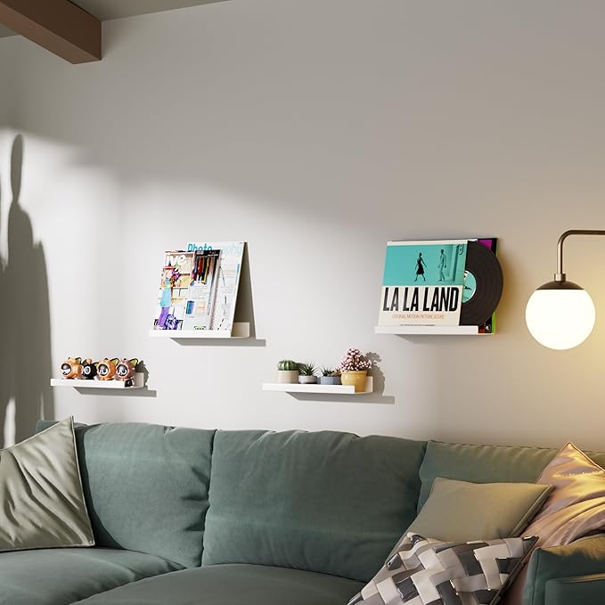 Albumgit 2 Pack Acrylic Shelves for Wall Storage, Self-Adhesive 15" White Floating Shelf for Figures, Photo, Makeup, Book, Wall Mounted Shelves for Bathroom, Living Room, Bedroom, Kitchen