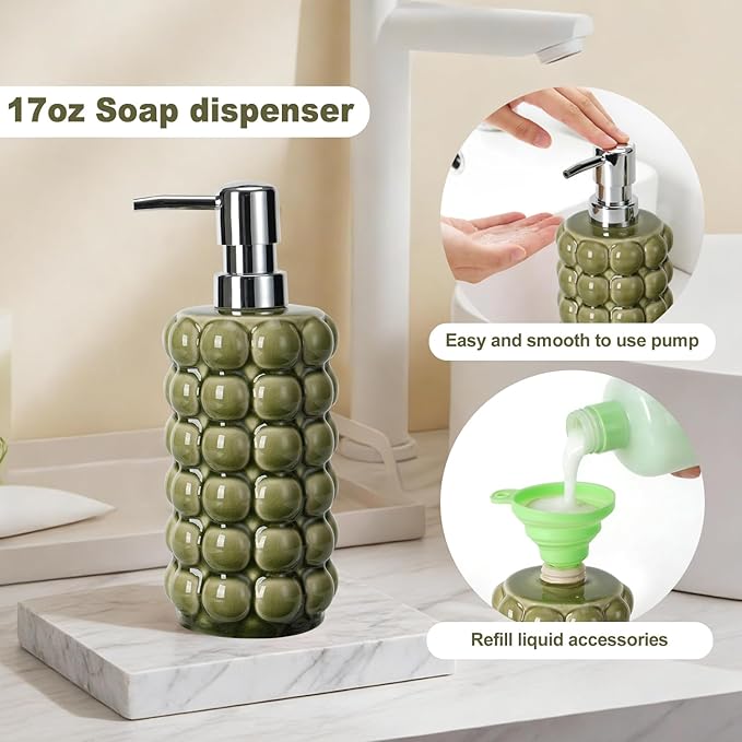 4 Piece Ceramic Bathroom Accessories Set –Soap Dispenser,Toothbrush Holder,Tumbler & Soap Dish,Includes Silicone Funnel,Non-Slip,Modern Farmhouse Countertop Organizer Set for Bathroom Decor, Green