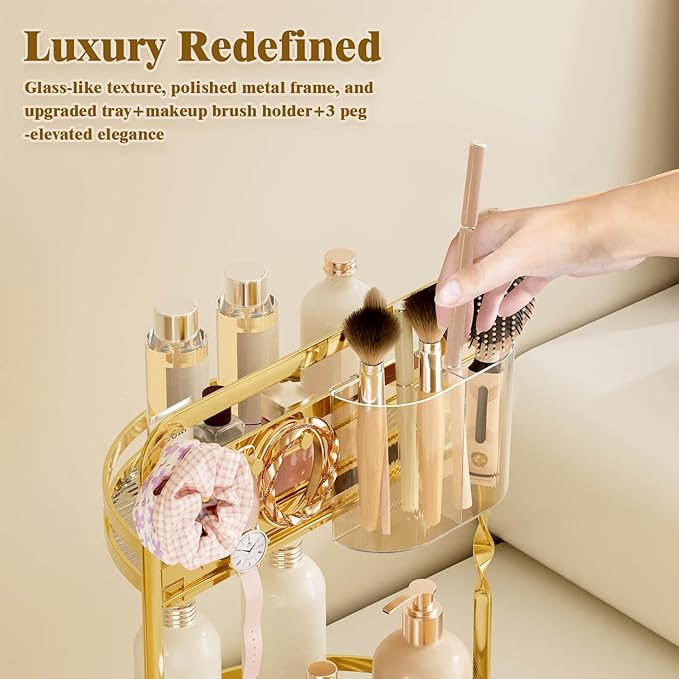360 Rotating Makeup Organizer for Vanity, 2-Tier Gold Perfume Organizer, Lazy Susan for Bathroom Counter Organizer, Spinning Skincare Dresser Storage with Makeup Brush Holder & Jewelry Hooks