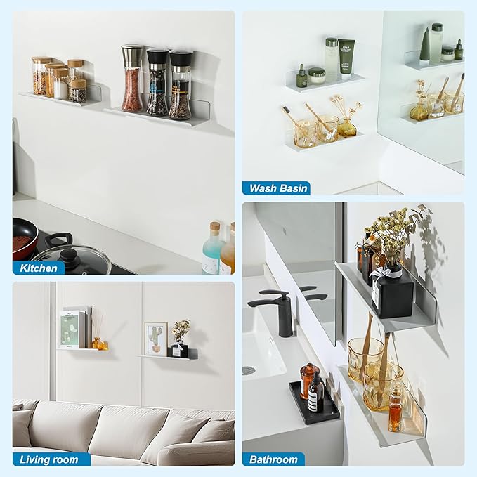 SAYAYO White Floating Shelves for Wall Storage, 12 Inch Adhesive Wall Shelves for Bedroom Decor, Small Display Bathroom Shelf Organizer for Kitchen, Living Room, Office, 2pcs