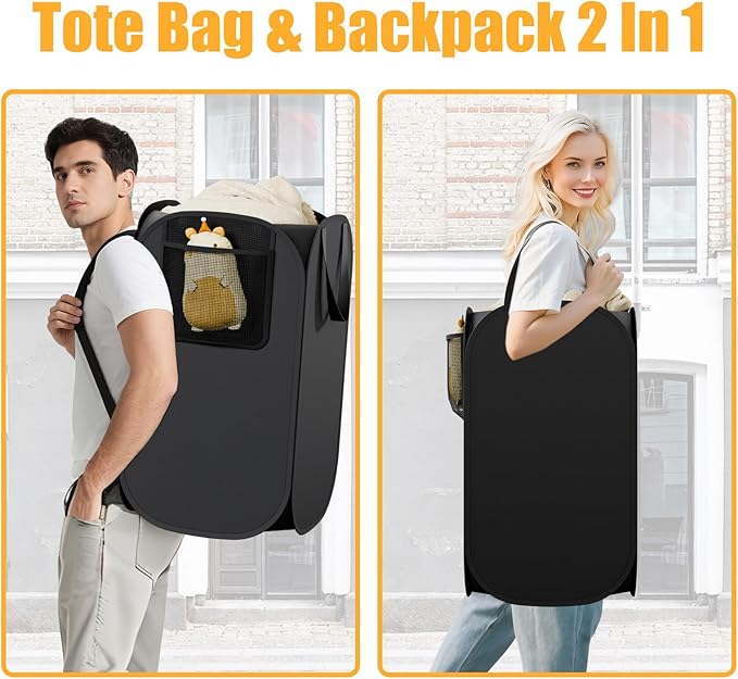 House Again Collapsible Laundry Backpack - 76L Heavy Duty Laundry Hamper, 210D Oxford Cloth with Mesh Pocket & Sturdy Adjustable Shoulder Straps,Easy to Open and Fold for College,Travel and Apartment