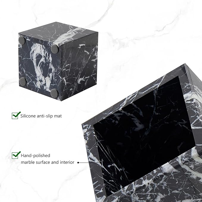 Real Luxurious Natural Marble Toothbrush Holder & Makeup Brush Organizer & Pen Holder for Desk,3.93inch Square Marble Utensil Holder Non-Ceramic/Non-Resin （Black）