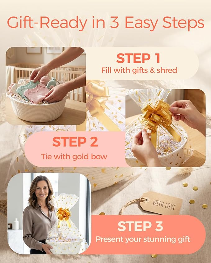 SUNCOLOR Small Woven Gift Basket Set with Cut Paper Shred Filler, Pull Bow & Cellophane Bag, 12x8x5 Inch Durable Cotton Rope Storage Basket for Easter, Baby Shower, Birthday, Holidays