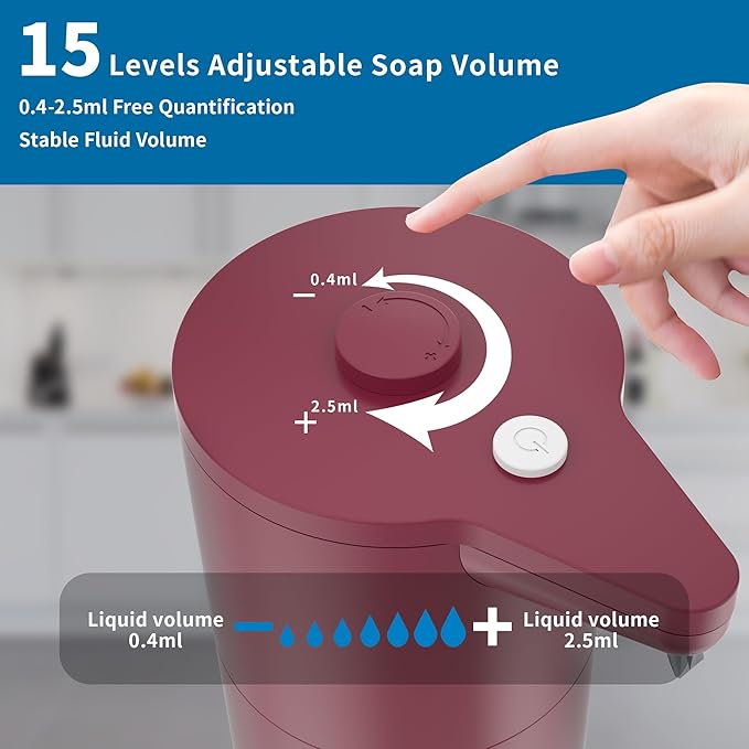 Automatic Soap Dispenser Touchless, Hands-Free, Multi Adjustable Volume, Long Battery Life, Compatible with Thick & Thin Dish/Hand Soap for Bathroom and Kitchen, Easy for Toddlers, Red