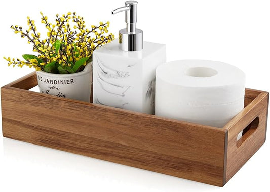ALELION Acacia Wood Bathroom Storage Basket for Organizing - Toilet Paper Basket with Handle for Back of Toilet Tank Top Topper - Small Narrow Baskets for Kitchen Pantry Garage Laundry Room Storage