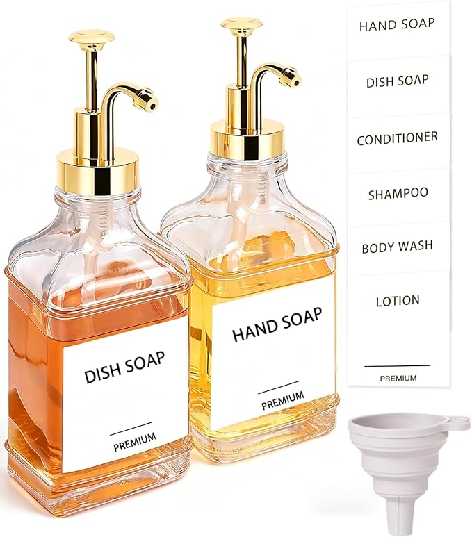 Dish Soap Dispenser for Kitchen, Hand Glass Soap Dispenser Set with Pump, Funnel for Bathroom, Shower, Laundry, Liquid, Lotion (Gold 2 Pack 18 Oz Clear Bottles with 12 Stickers)