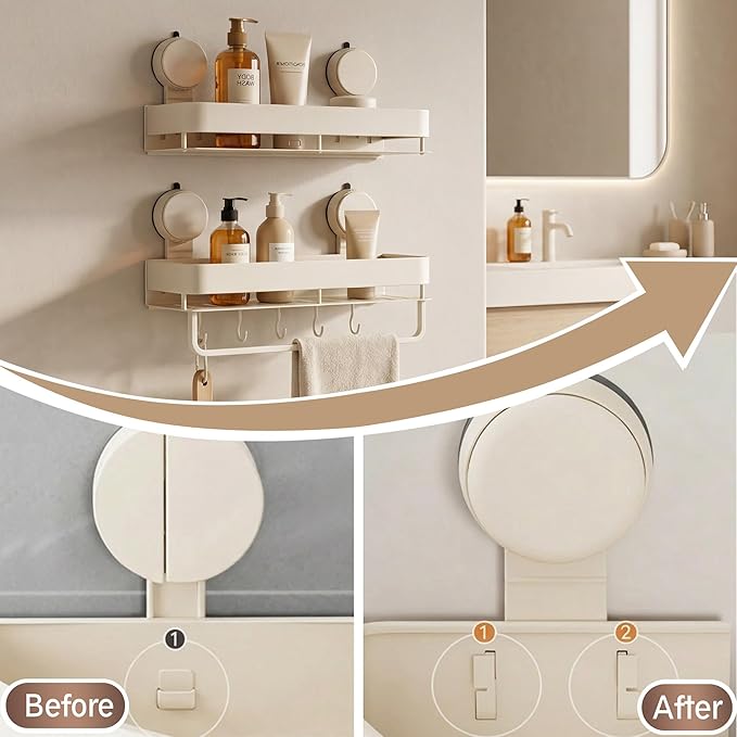 Wide Aluminum Suction Cup Shower Caddy(2-Pack Cream White),Shower Shelves for Bathroom Wall,Wall Mounted Bathroom Shelves with Towel Bar & Hooks