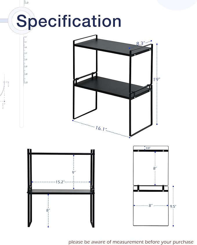 Nxconsu 2 Pack Cabinet Shelf Organizer 16.1"x8.3"x9.5" Black, Stackable Kitchen Counter Shelf Riser, Heavy Duty 3mm Steel Storage Rack for Pantry Cupboard Bathroom Under Sink, 50lbs Capacity, Non-Slip