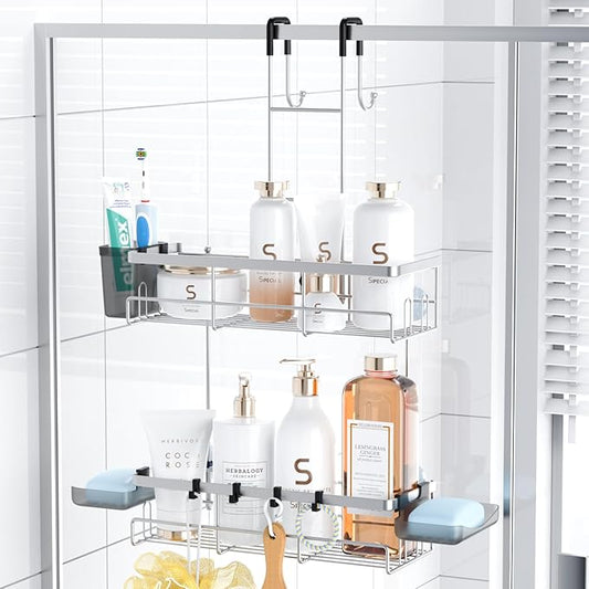 Aitatty Over the Door Hanging Shower Caddy: Rustproof Hanging Organizer over the Door - No Drilling Bathroom Rack for Inside Shower Chrome