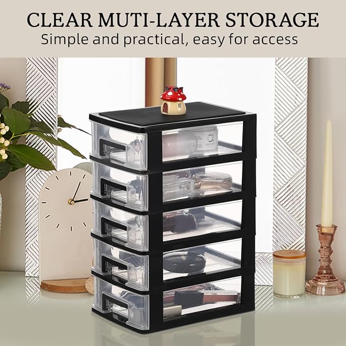 Angoily 5-Tier Plastic Drawer Storage Cabinet Portable Desktop Organizer for Office Study Cosmetics Sundries Holder 12.40X8.66X5.98In