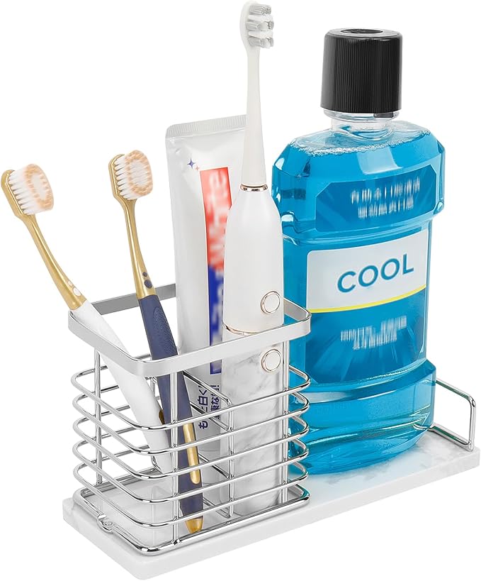 Toothbrush Holder, Luxurious Metal Toothbrush Toothpaste Holder with Marble Base for Bathroom, Multi-Slots Openwork Design, Bathroom Accessory for Storage and Organizer (Large, Chrome)