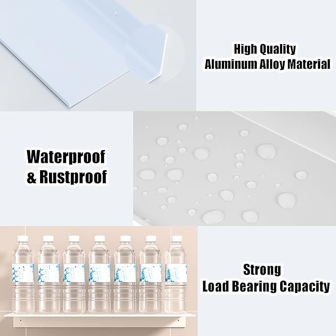 HNVNER Adhesive Shower Shelves for Wall 2 Pack, White Metal Shower Caddy 40cm, Waterproof Bathroom Floating Shelves, Bathroom Storage Wall Shelf Organization