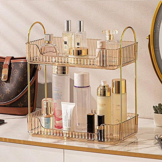 Aveniee Bathroom Counter Organizer, 2 Tier Perfume Skin Care Countertop Storage Shelf, Vanity Makeup Tray for Cosmetic Skincare Lotion, Gold