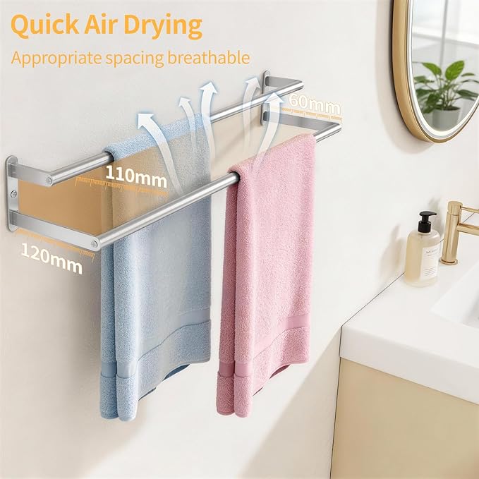 Double Towel Bar 24 Inch, Towel Rack for Bathroom, Stainless Steel Double Bath Towel Rack Wall Mounted, Bathroom Towel Holder Towel Rod for Wall, Brushed Nickel