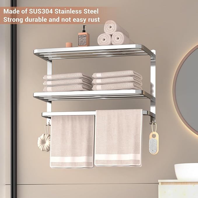 23 Inches 3-Tier Towel Racks for Bathroom with Towel Bars Multilayer Hotel Towel Shelf Stainless Steel Wall-Mounted Brushed Finish Holder with Towel Shelves