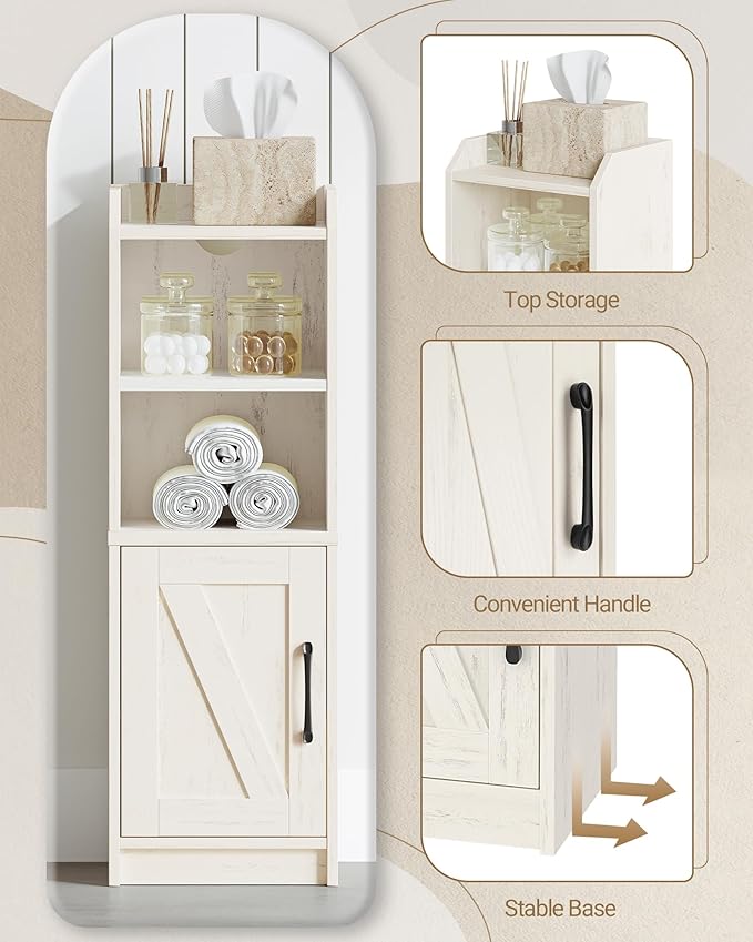 Hzuaneri Bathroom Storage Cabinet, Small Farmhouse Corner Floor Cabinet with Door and Shelves, Narrow Toilet Paper Holder Stand, Bathroom Organizer with Adjustable Shelf, for Small Spaces,Rustic White