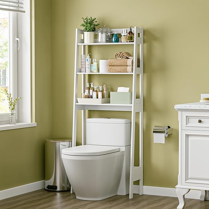 SUPER DEAL 3 Tiers Over The Toilet Bathroom Storage Shelf, Freestanding Wooden Bathroom Organizer Rack with Shelves for Laundry Restroom, White