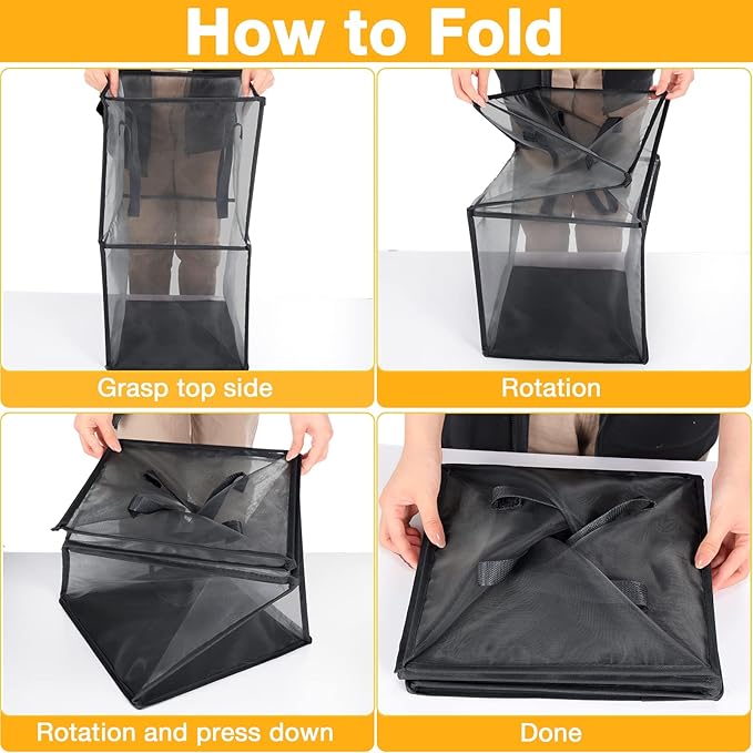 Zopeal 3 Pack Popup Laundry Hamper 13 Inch Collapsible Laundry Baskets with Handles Mesh Clothes Baskets Portable Foldable Clothes Hamper Square Bin for Washing (Black,Double-layer)
