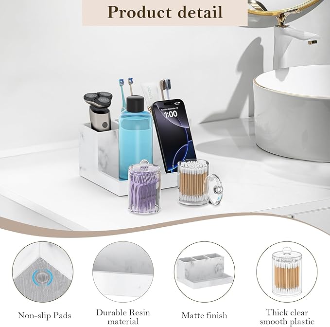 Toothbrush Holder for Bathroom with 2PCS Qtip Holder Dispenser, 3 Slot Bathroom Accessories Holder Floss Cotton Swab Holder Bathroom Vanity Tray for Perfume Comestic Organizer Counter Storage, White