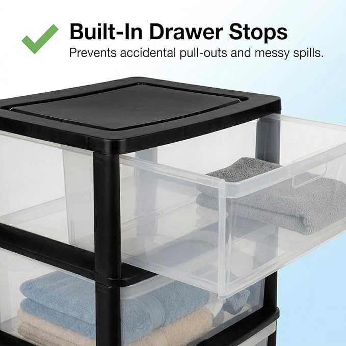 Wide 3 Drawer Plastic Storage Tower with Clear Removable Bins, 15.6" x 21" x 25.2" Organizer Unit with Drawer Stops and Easy-Pull Handles for Closet, Dorm, and Office Organization, Black