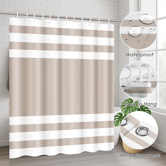 Striped Beige Shower Curtain Set with Toilet Lid Cover and Non-Slip Rugs for Bathroom, Minimalist Modern 4 Pcs Shower Curtain, Neutral Bathroom Set with 12 Hooks